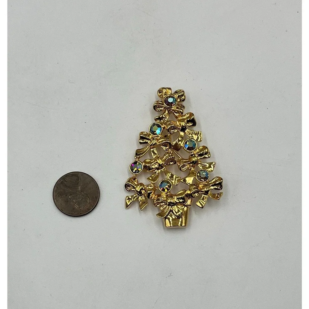 Avon Vintage‎ Christmas Tree Gold Tone AB Rhinestone Bows 1992 Holiday Brooch